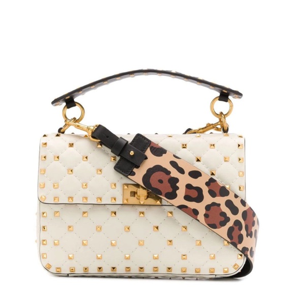 VALENTINO~Medium Rockstud Spike Nappa Bag With Leopard Print Strap In White - Picture 1 of 4